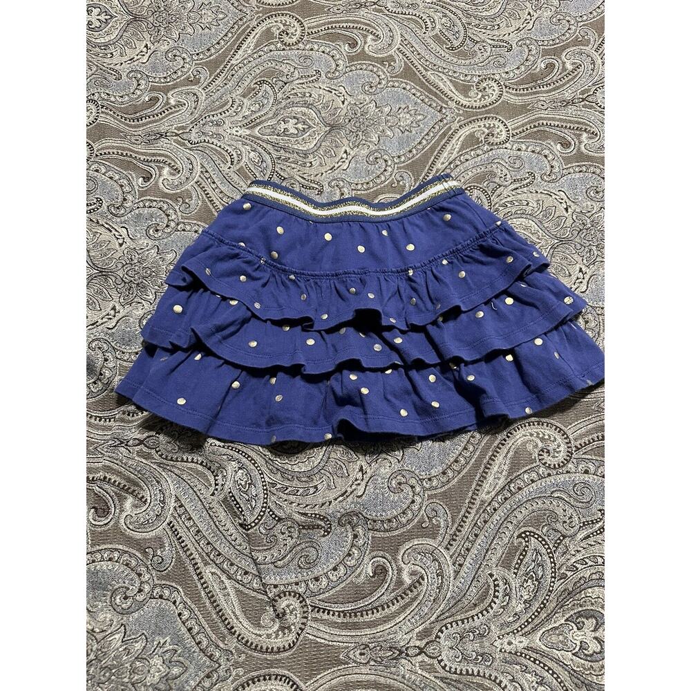Boden Blue Tiered Jersey Ruffle Skort Skirt with Gold Polka Dots Size 6-7Y